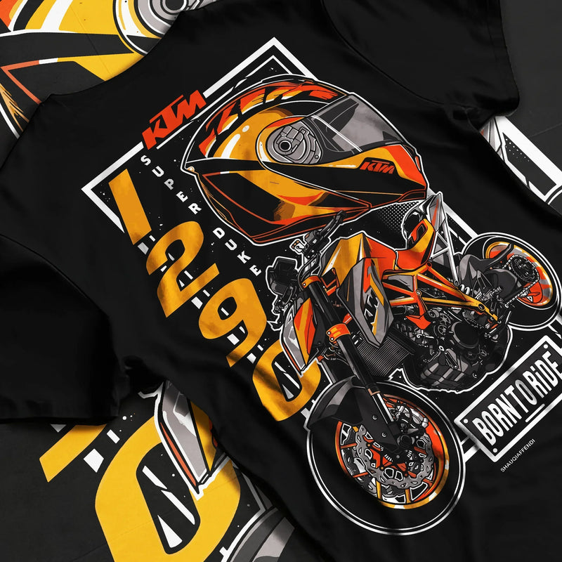 Black T-shirt featuring KTM Super Duke motorcycle and helmet graphic in bold orange motorsport streetwear design for bikers and riding enthusiasts.