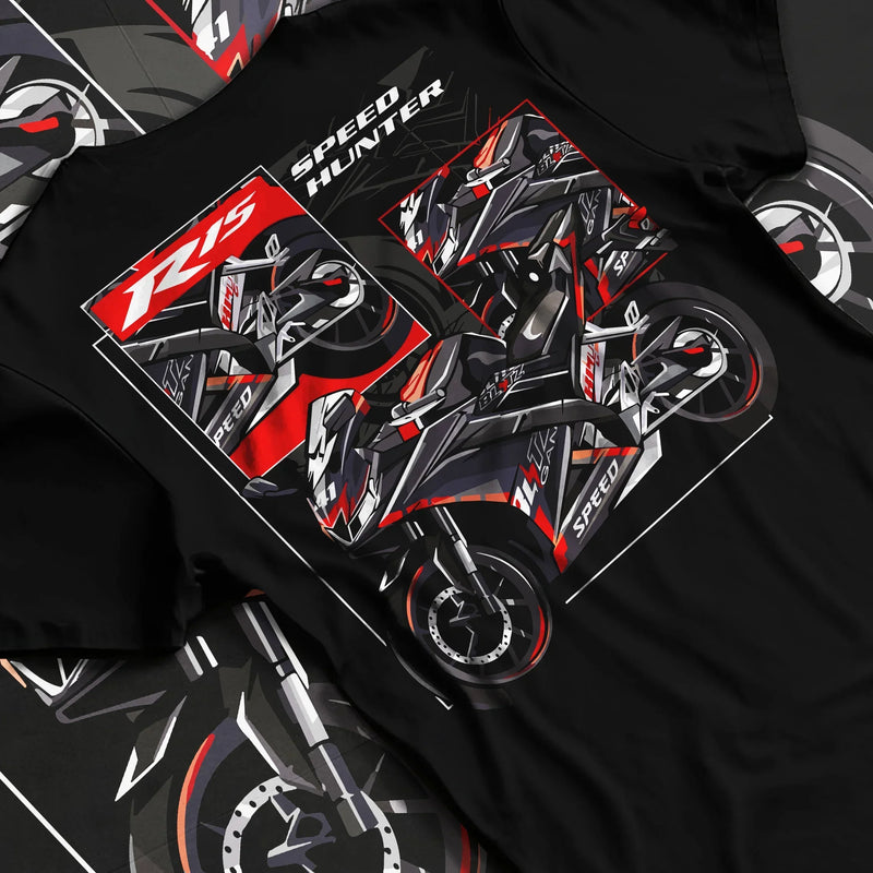 Black T-shirt featuring Yamaha R-series motorcycle graphic in bold red and black racing streetwear design with Speed Hunter artwork.