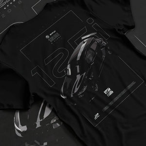 Black T-shirt laid flat with natural fabric folds, featuring BMW 750I rs turbo motorsport euro german street graphic.