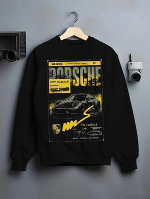 Black crewneck sweatshirt on a hanger against a grey wall, featuring Porsche 911 Turbo S rs 911 turbo racing german street graphic.