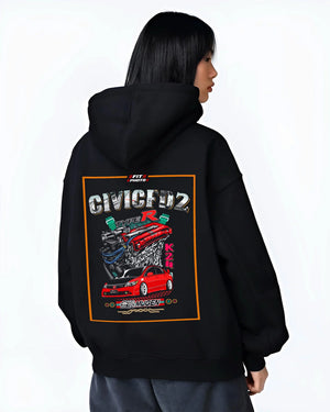 Black hoodie worn by a female model, back view, featuring Honda Accord rs motorsport street retro classic racing graphic.