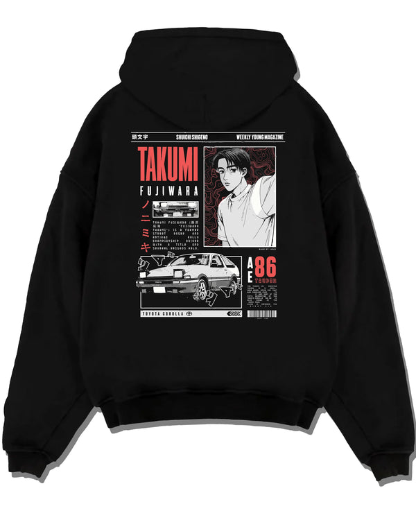 Black pullover hoodie laid flat on a white background, featuring AE86 racing drift japanese initial d street retro graphic.