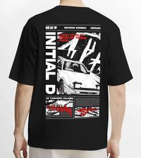 Black T-shirt worn by a male model, back view, featuring Toyota AE86 racing drift jdm tuner initial d street graphic.