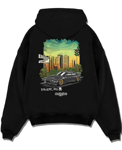 Black pullover hoodie laid flat on a white background, featuring Dodge Charger skyline american muscle street classic graphic.