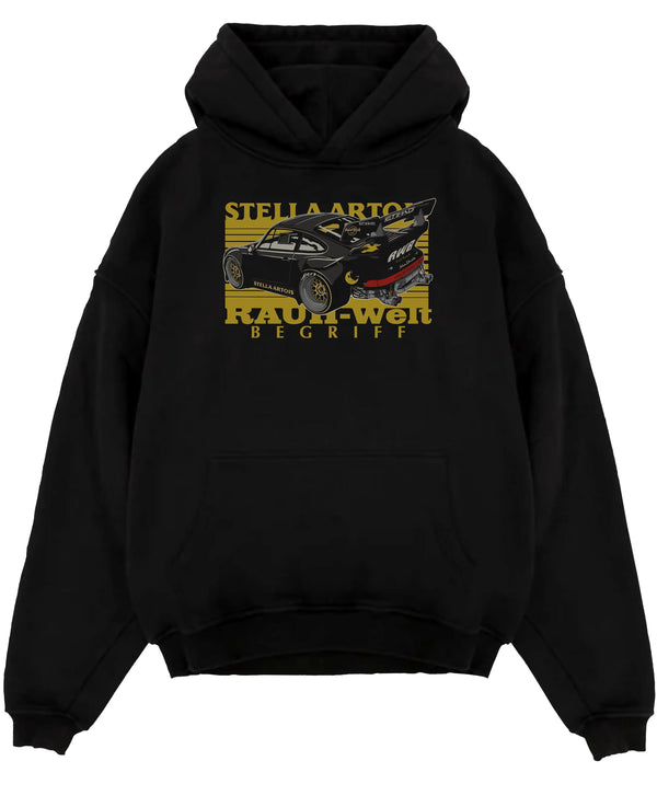 Black pullover hoodie laid flat on a white background, featuring Porsche 911 rs racing jdm stance widebody rwb street graphic.