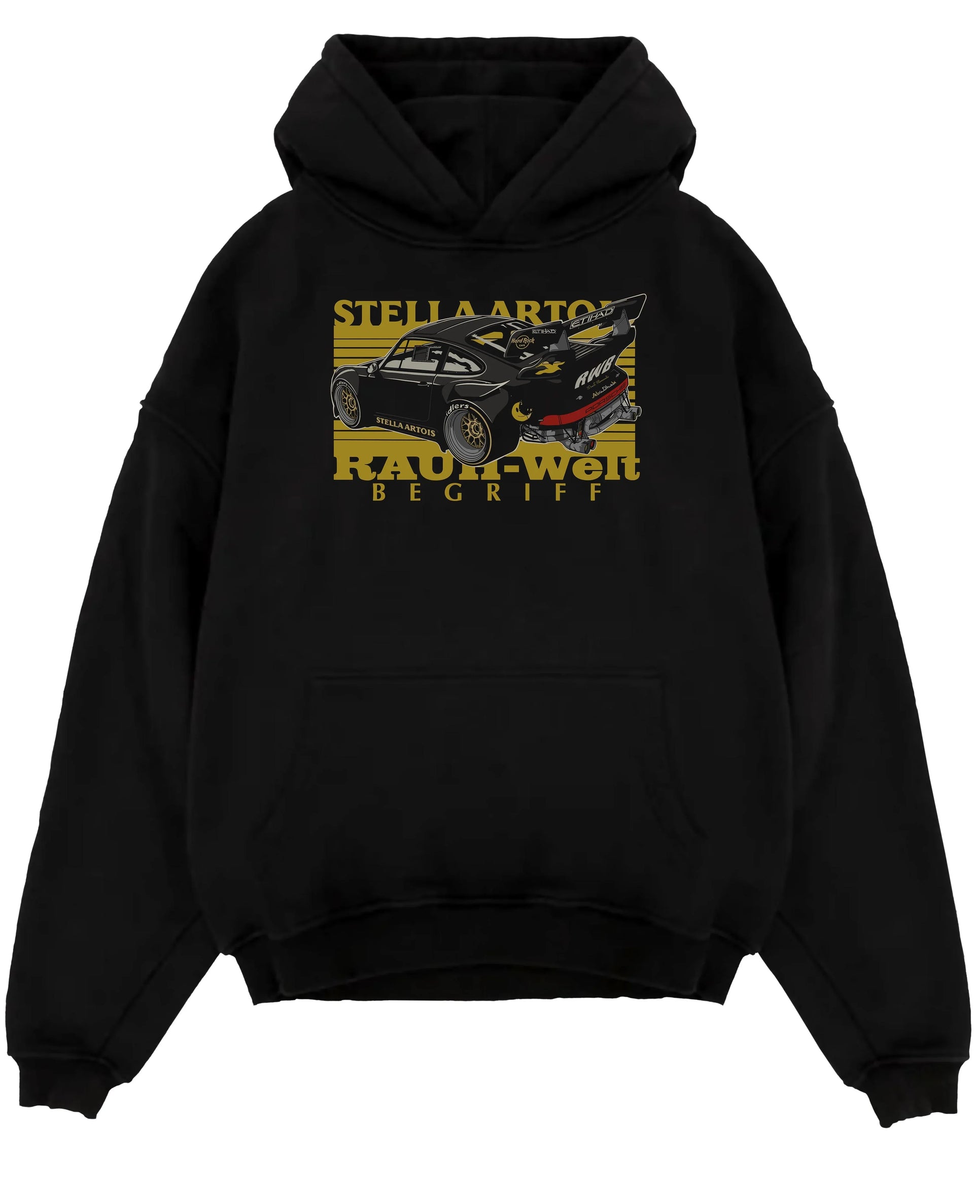 Black pullover hoodie laid flat on a white background, featuring Porsche 911 rs racing jdm stance widebody rwb street graphic.