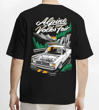 Black T-shirt worn by a male model, back view, featuring Volkswagen street retro racing performance motorsport automotive graphic.