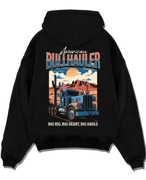 Black pullover hoodie laid flat on a white background, featuring american street classic racing performance motorsport graphic.
