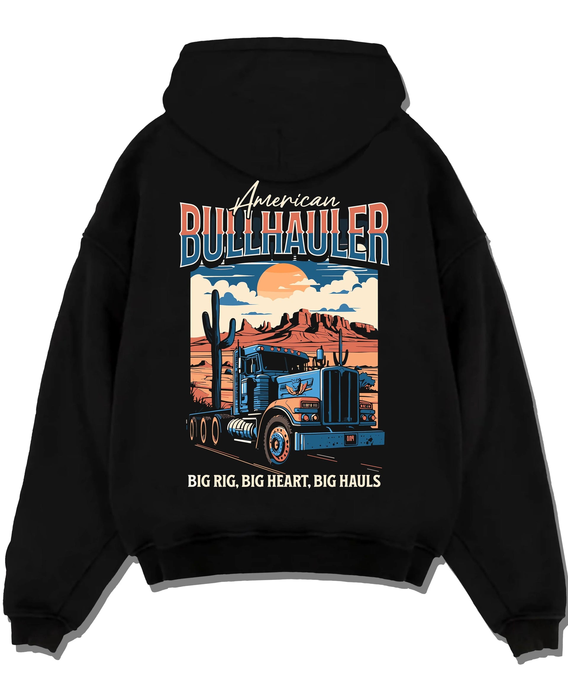 Black pullover hoodie laid flat on a white background, featuring american street classic racing performance motorsport graphic.