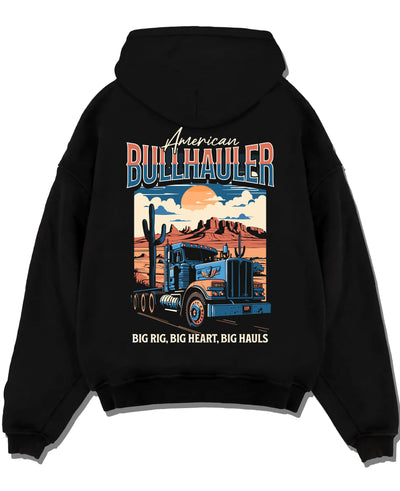 Black pullover hoodie laid flat on a white background, featuring american street classic racing performance motorsport graphic.