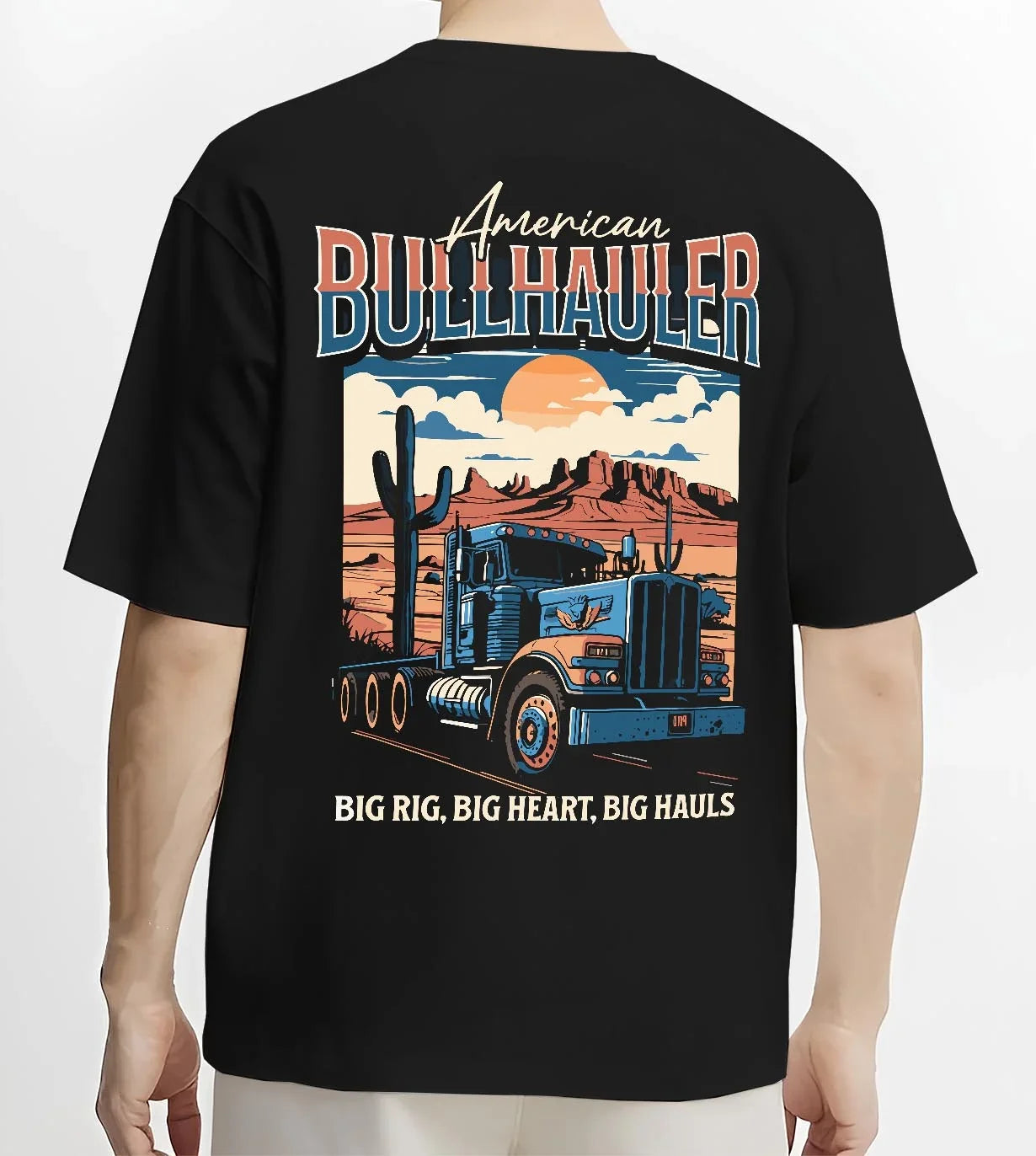 Black T-shirt worn by a male model, back view, featuring american street classic racing performance motorsport automotive graphic.
