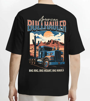 Black T-shirt worn by a male model, back view, featuring american street classic racing performance motorsport automotive graphic.