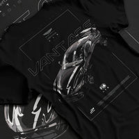 Black T-shirt laid flat with natural fabric folds, featuring Aston Martin Vantage gt3 rs racing motorsport street graphic.