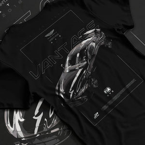 Black T-shirt laid flat with natural fabric folds, featuring Aston Martin Vantage gt3 rs racing motorsport street graphic.