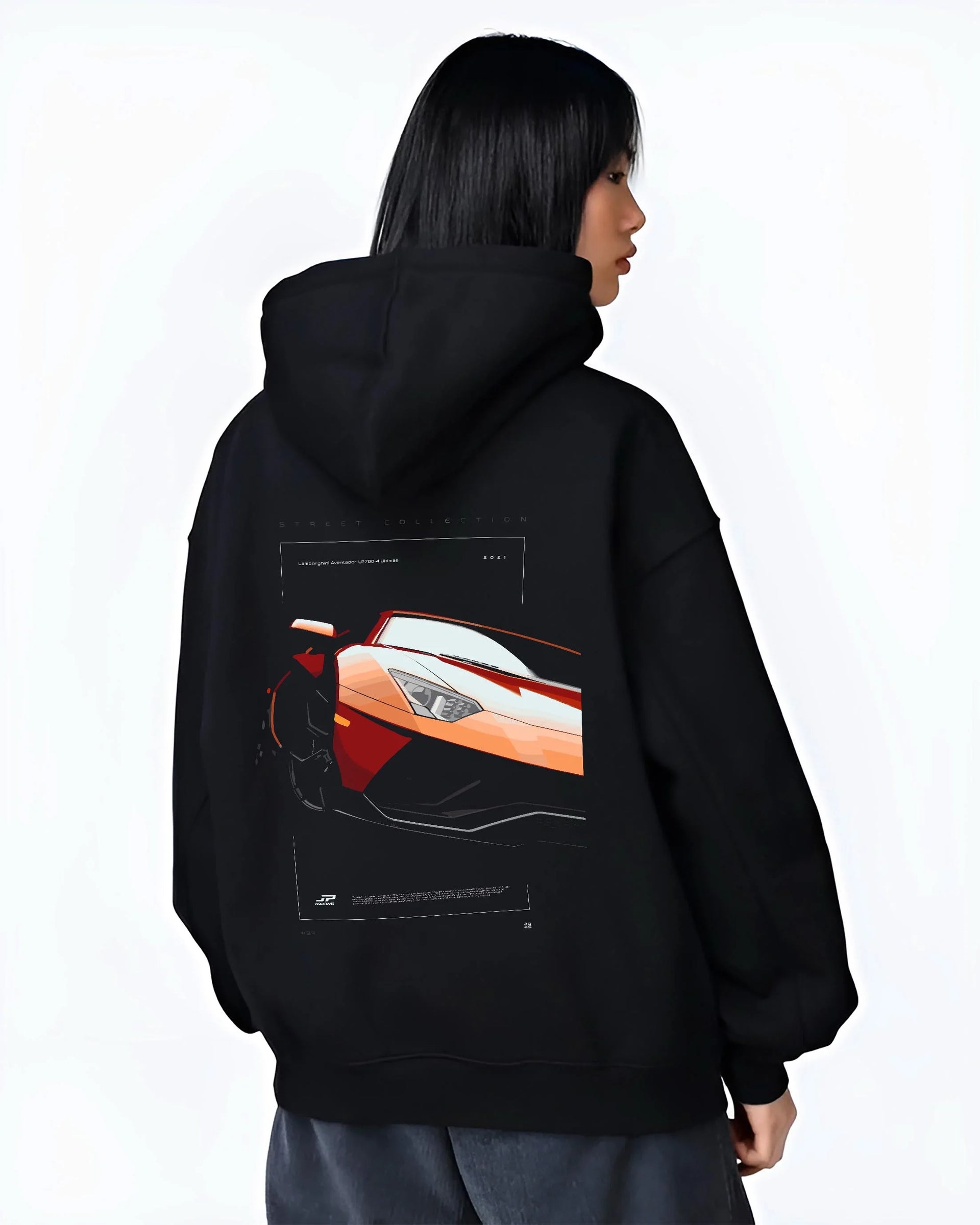 Black hoodie worn by a female model, back view, featuring Lamborghini Aventador racing street performance motorsport graphic.