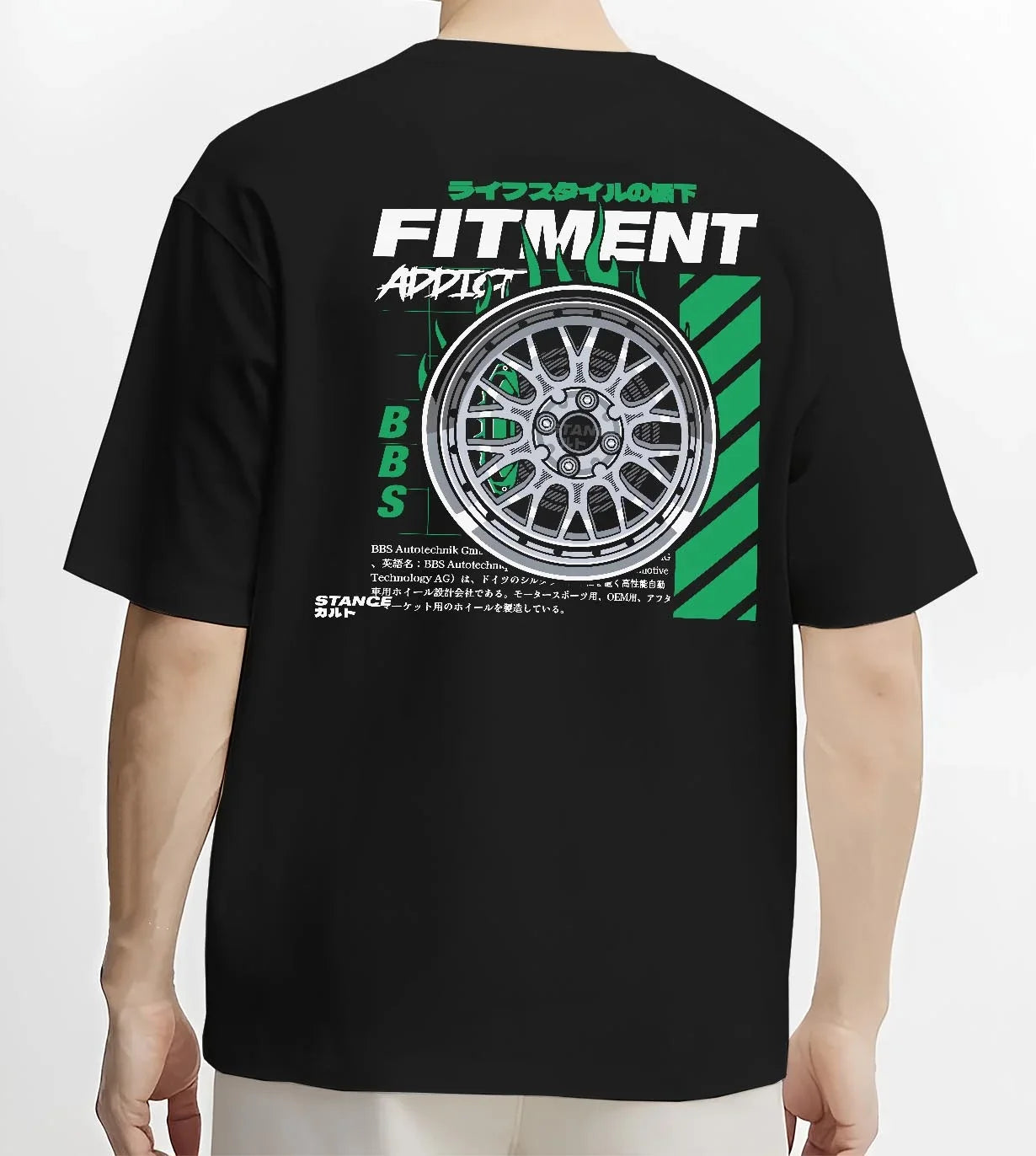 Black T-shirt worn by a male model, back view, featuring racing jdm stance street performance motorsport automotive graphic.