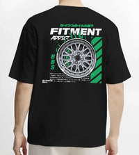 Black T-shirt worn by a male model, back view, featuring racing jdm stance street performance motorsport automotive graphic.