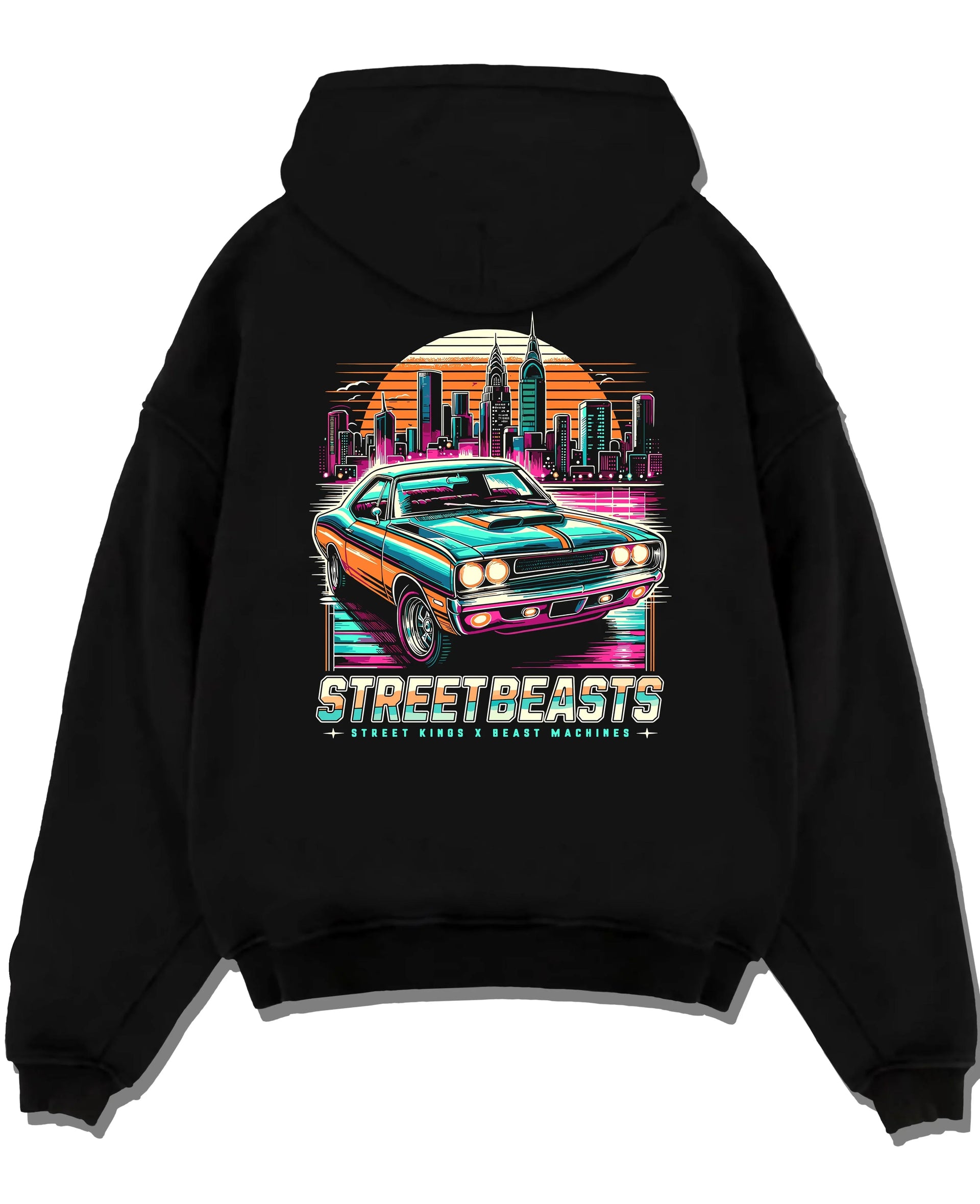 Black pullover hoodie laid flat on a white background, featuring racing drift muscle street retro beast performance graphic.