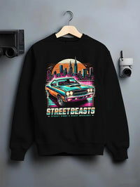 Black crewneck sweatshirt on a hanger against a grey wall, featuring racing drift muscle street retro beast performance graphic.