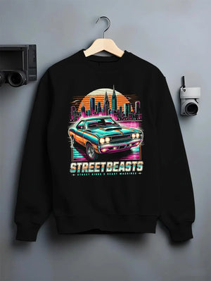 Black crewneck sweatshirt on a hanger against a grey wall, featuring racing drift muscle street retro beast performance graphic.