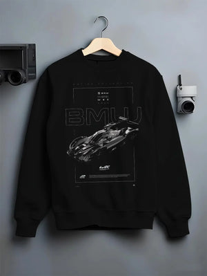 Black crewneck sweatshirt on a hanger against a grey wall, featuring BMW 202 rs racing le mans motorsport german street graphic.
