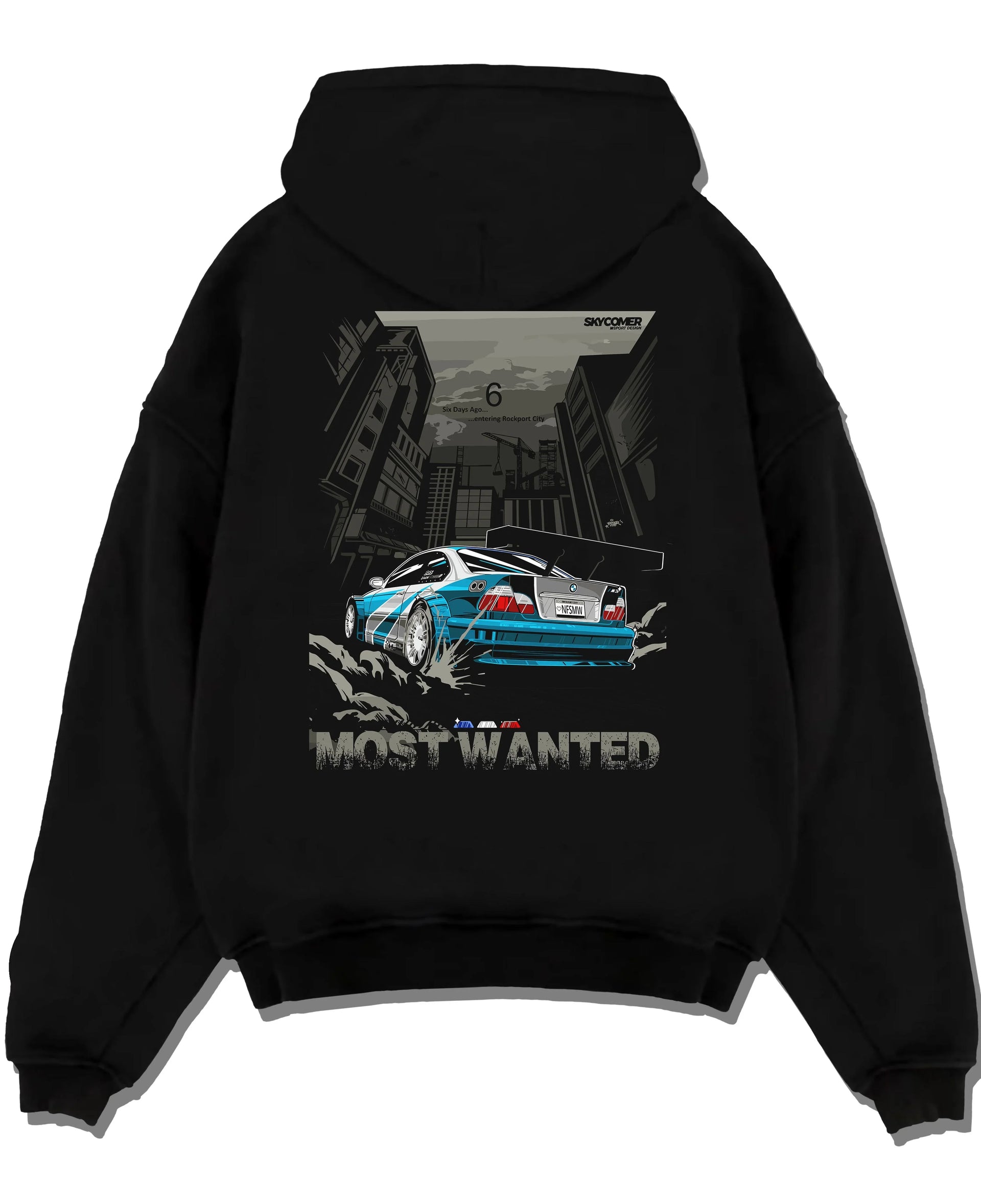 Black pullover hoodie laid flat on a white background, featuring BMW M3 gtr drift need for speed legend speed racing graphic.