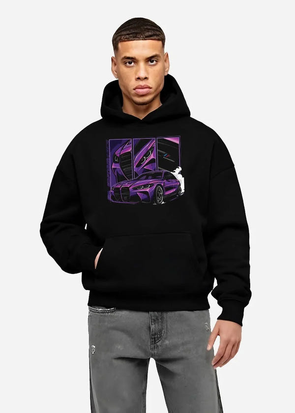 Black hoodie worn by a male model, front view, featuring BMW M4 turbo drift racing street performance motorsport graphic.