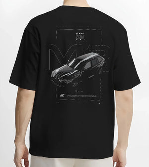 Black T-shirt worn by a male model, back view, featuring BMW M3 street racing performance motorsport automotive enthusiast graphic.