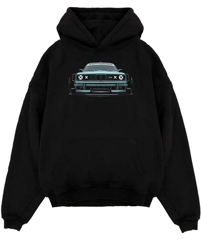 Black pullover hoodie laid flat on a white background, featuring BMW M3 rs drift classic racing street performance graphic.