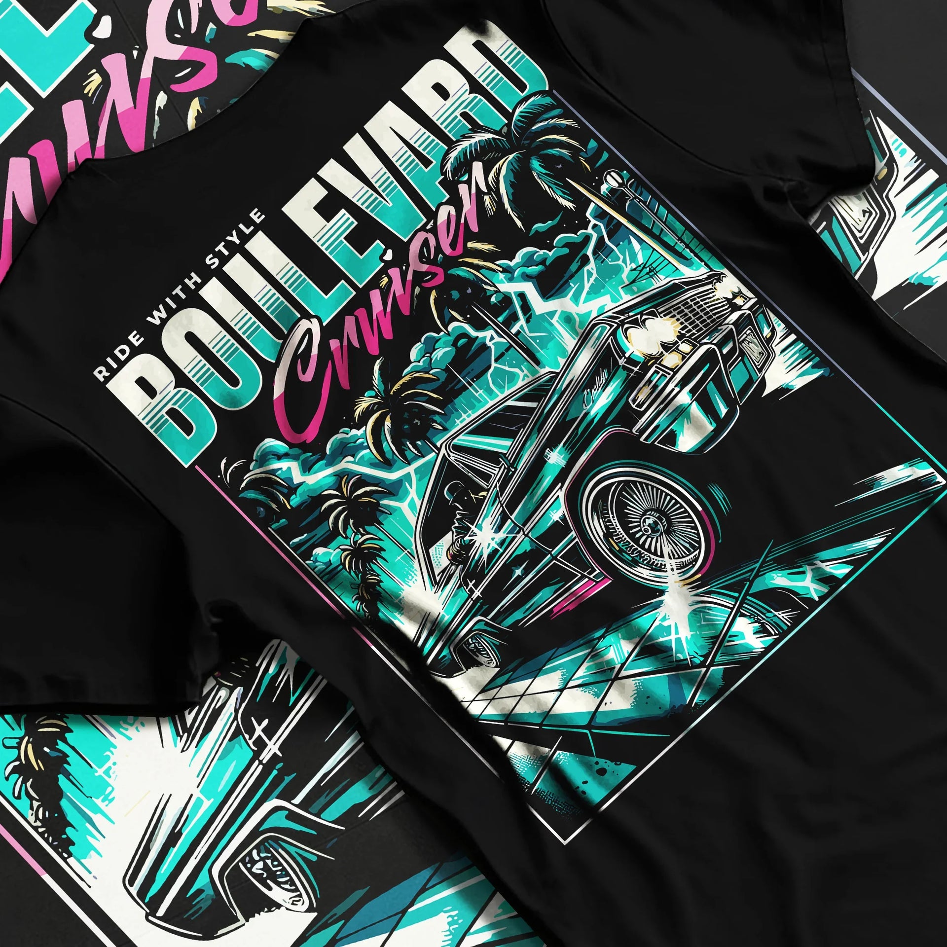 Black T-shirt laid flat with natural fabric folds, featuring street racing performance motorsport automotive enthusiast graphic.