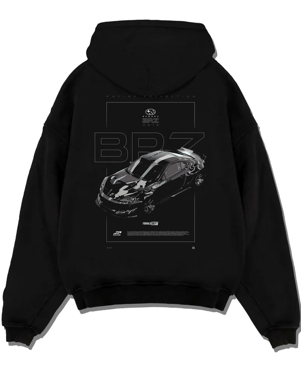 Black pullover hoodie laid flat on a white background, featuring Subaru BRZ rs racing drift formula motorsport jdm street graphic.