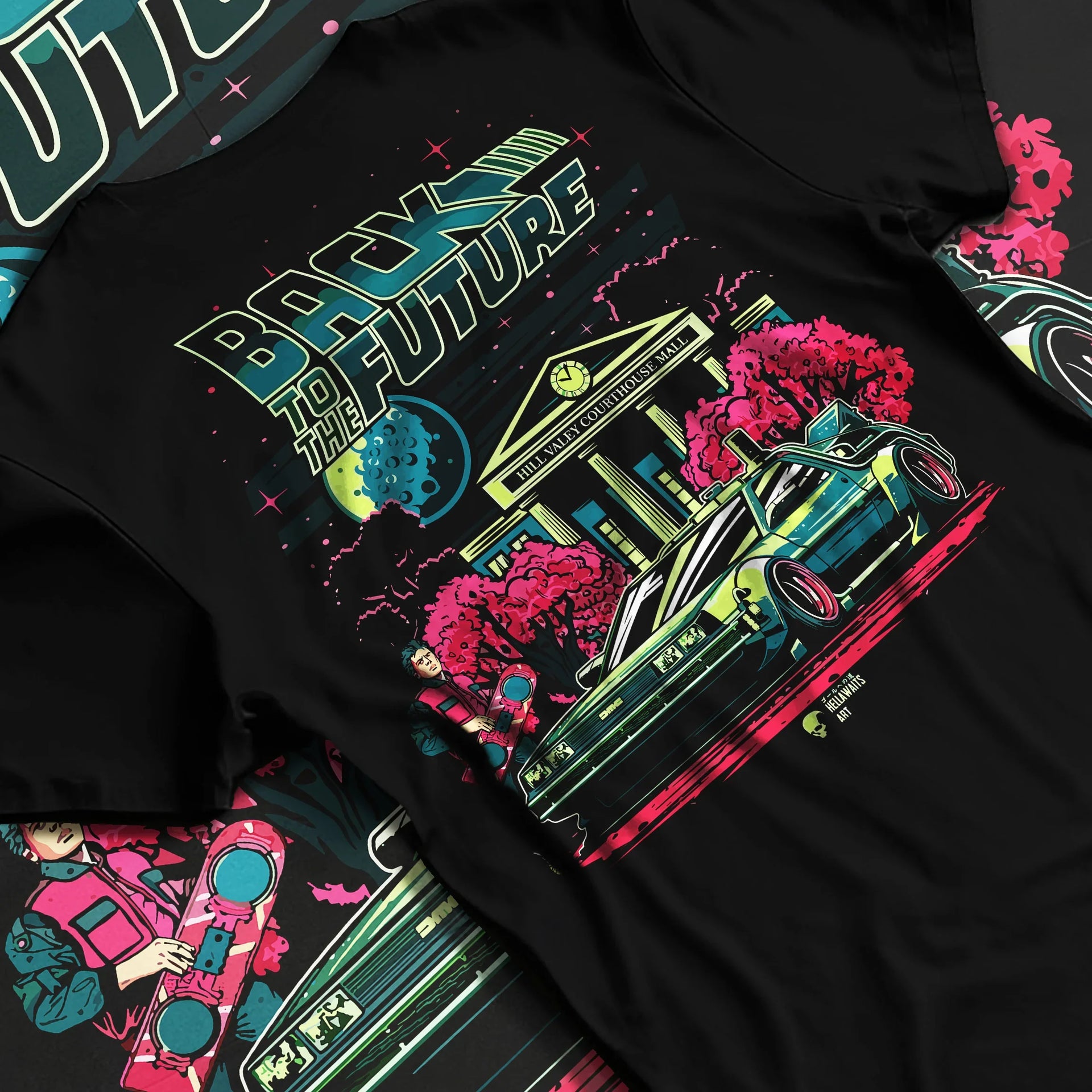 Black T-shirt laid flat with natural fabric folds, featuring DeLorean DMC-12 street retro classic racing performance graphic.