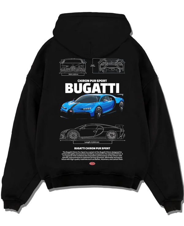 Black pullover hoodie laid flat on a white background, featuring Bugatti iconic speed racing street performance motorsport graphic.
