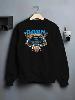 Black crewneck sweatshirt on a hanger against a grey wall, featuring Chevrolet Corvette C6 corvette racing drift muscle graphic.