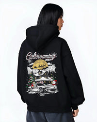 Black hoodie worn by a female model, back view, featuring rs drift jdm street racing performance motorsport automotive graphic.