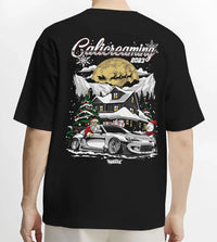 Black T-shirt worn by a male model, back view, featuring rs drift jdm street racing performance motorsport automotive graphic.