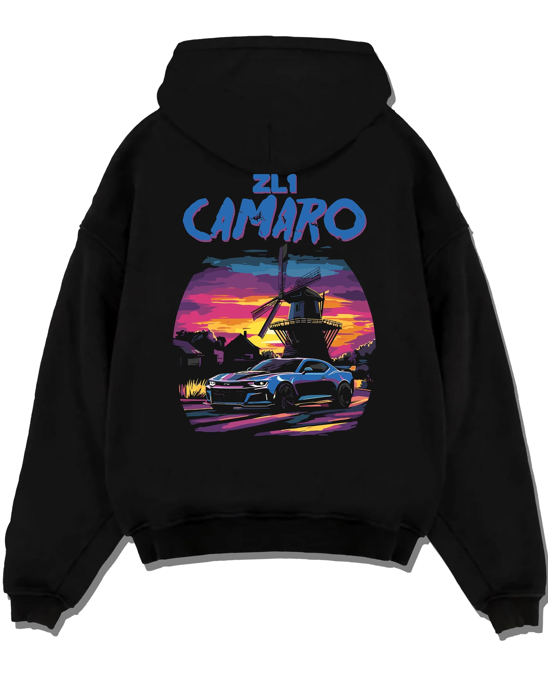 Black pullover hoodie laid flat on a white background, featuring Chevrolet Camaro rs racing nascar motorsport american graphic.