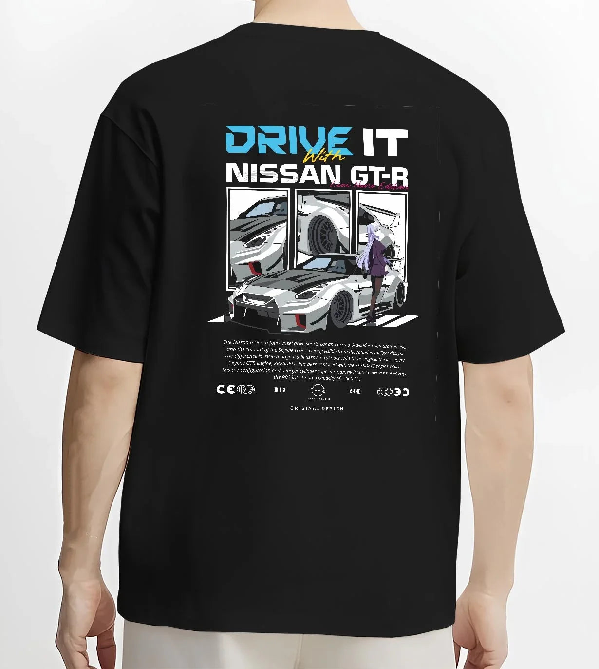 Black T-shirt worn by a male model, back view, featuring muscle retro vintage classic enthusiast racing street performance graphic.