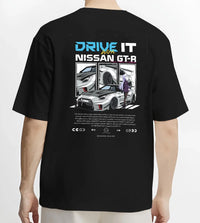 Black T-shirt worn by a male model, back view, featuring muscle retro vintage classic enthusiast racing street performance graphic.