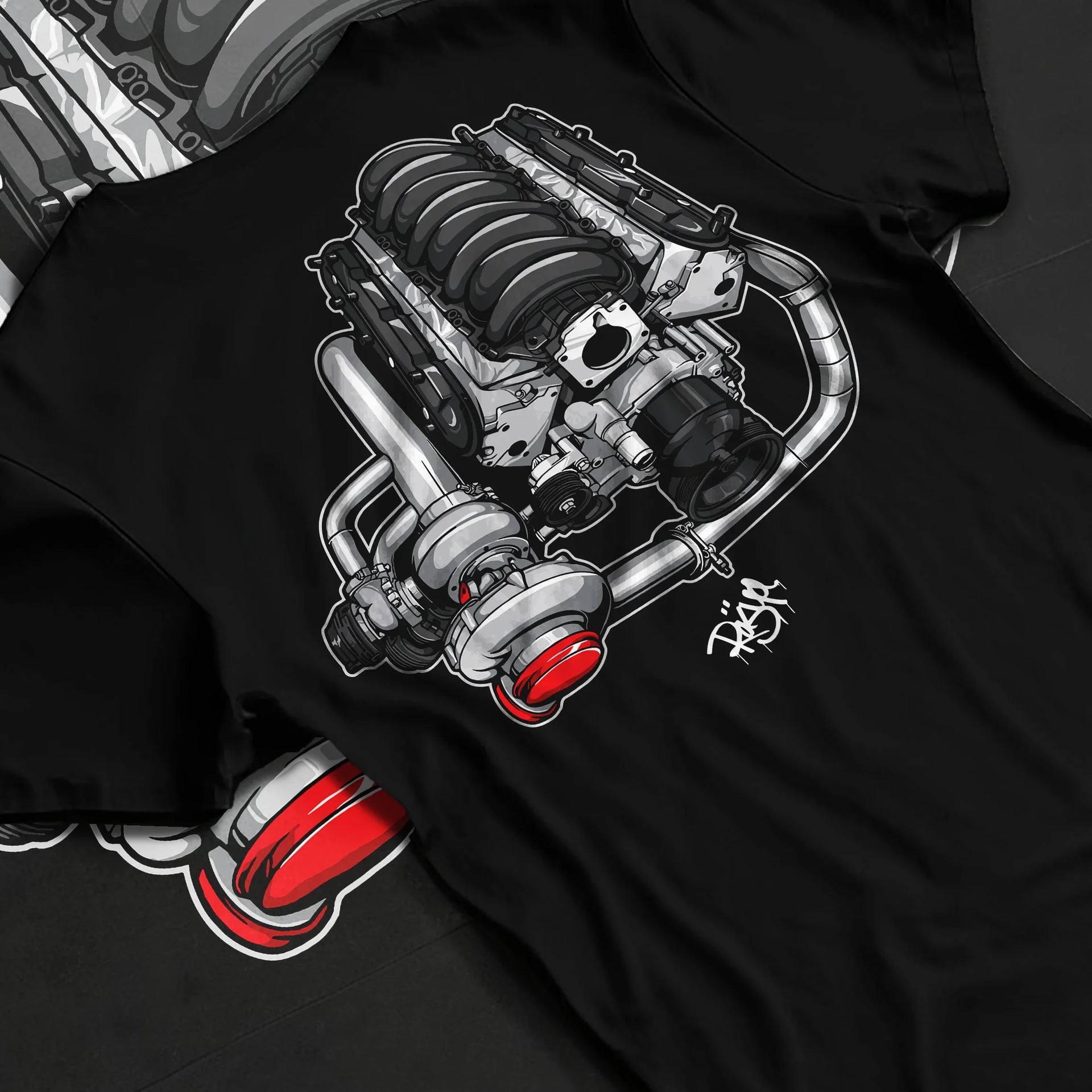Black T-shirt laid flat with natural fabric folds, featuring supercharged v8 muscle street retro power enthusiast racing graphic.