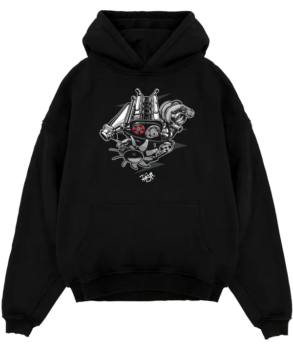 Black pullover hoodie laid flat on a white background, featuring muscle retro vintage racing street performance motorsport graphic.