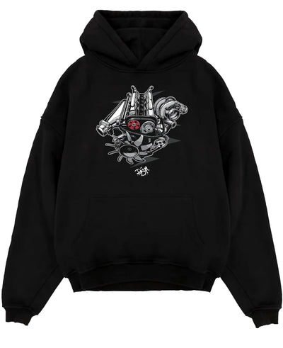 Black pullover hoodie laid flat on a white background, featuring muscle retro vintage racing street performance motorsport graphic.
