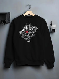 Black crewneck sweatshirt on a hanger against a grey wall, featuring muscle retro vintage racing street performance graphic.