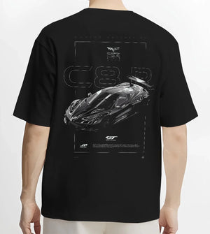 Black T-shirt worn by a male model, back view, featuring Chevrolet Corvette C8 corvette racing american muscle street retro graphic.