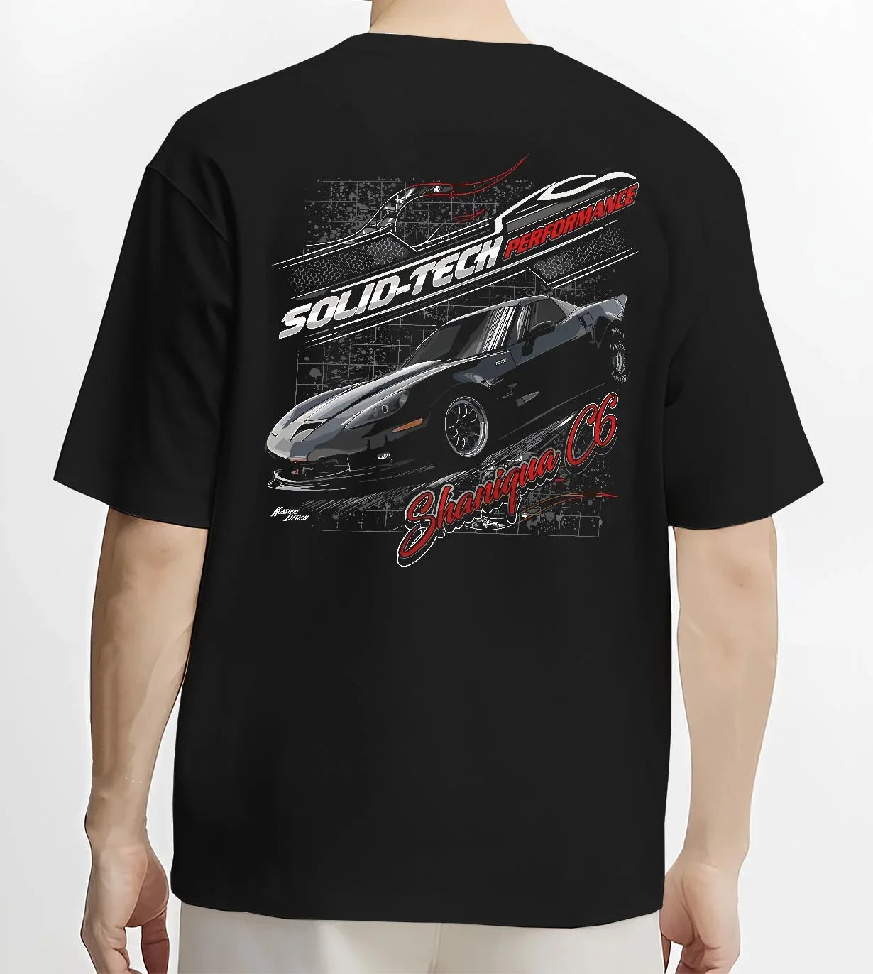 Black T-shirt worn by a male model, back view, featuring Chevrolet rs racing muscle street retro classic enthusiast graphic.