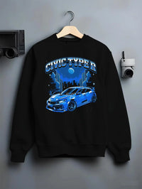 Black crewneck sweatshirt on a hanger against a grey wall, featuring Honda Civic rs racing motorsport jdm street graphic.