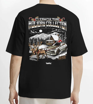 Black T-shirt worn by a male model, back view, featuring drift street racing performance motorsport automotive enthusiast graphic.