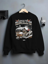 Black crewneck sweatshirt on a hanger against a grey wall, featuring drift street racing performance motorsport automotive graphic.