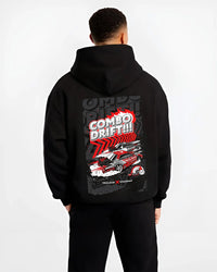 Black hoodie worn by a male model, back view, featuring racing drift jdm street performance motorsport automotive graphic.