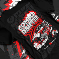Black T-shirt laid flat with natural fabric folds, featuring racing drift jdm street performance motorsport automotive graphic.
